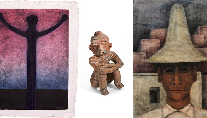 A collage of three artworks (L-R): A print, an ancient sculpture, and a print.