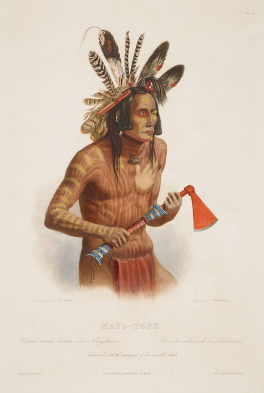 A color print of an Indigenous man wearing a feathered headdress, face and torso painted in red and white, wearing a red loincloth, and holding a red hatchet.