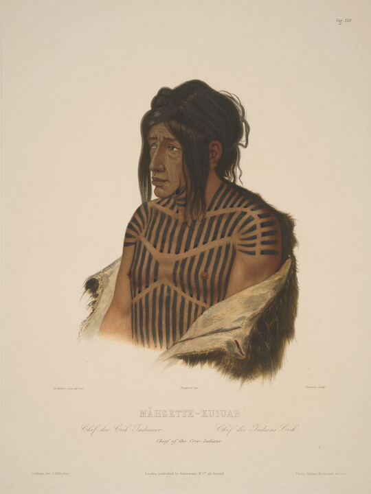 A color print of an Indigenous man with long black hair, his bare chest decorated with black vertical lines, and an animal skin around his arms.