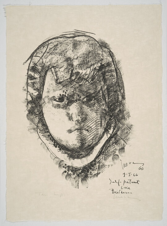 A black-and-white print of a frowning man with short hair and bangs, wearing a high stiff collar.