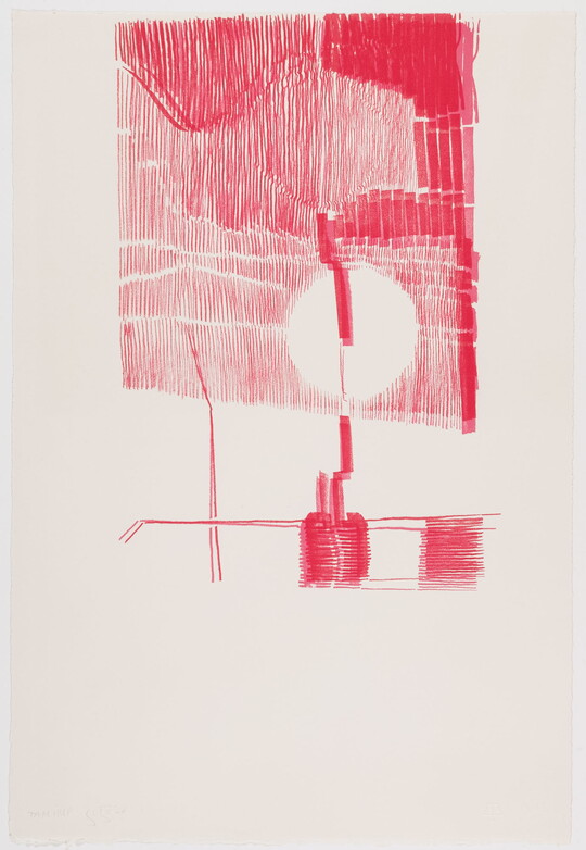 An abstract color print of red vertical lines of varying thicknesses that create rectangular and circular shapes on a white background.