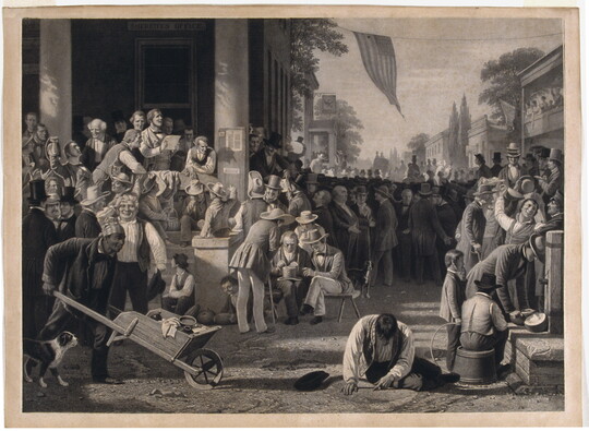 A black-and-white print of a large gathering of mostly White men crowding the street and front steps of the sheriff's office.