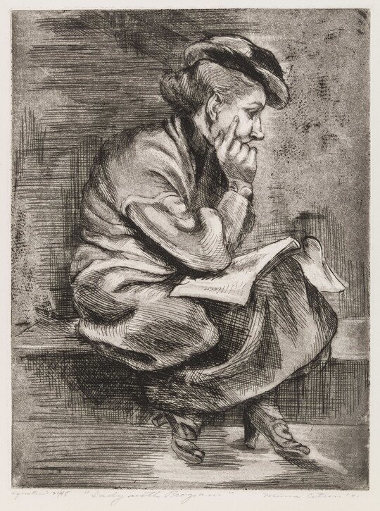 A black-and-white print of a White woman sitting on a ledge or bench resting her head in the palm of one hand, an open booklet on her lap. 