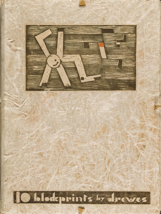 A sepia-colored print on handmade paper of a rectangle with wood-like shapes that resemble pinwheels; text at the bottom reads, "10 blockprints by Drewes."