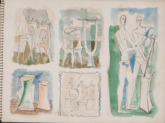 A group of five separate watercolor studies, three still-life and two figure drawings, on a page of a bound sketchbook.