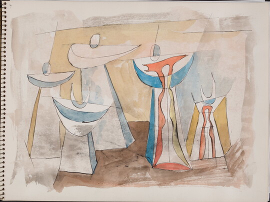 A watercolor drawing of abstract, human-like figures on a page of a bound sketchbook.