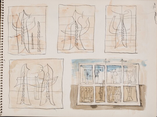 A group of five separate watercolor studies, four of abstract figures and one a cross-section of a building, on a page of a bound sketchbook.