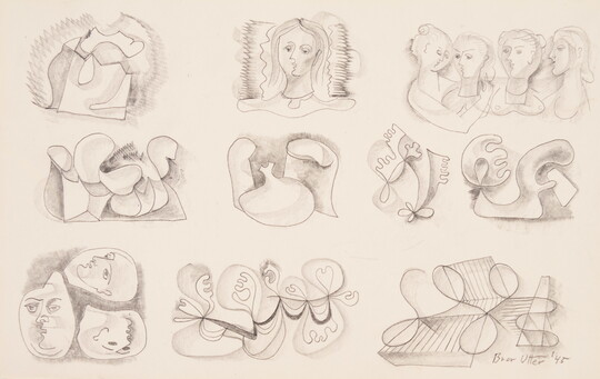 A drawing of 10 unique sketches, some with curvy, abstract shapes and some with human figures.