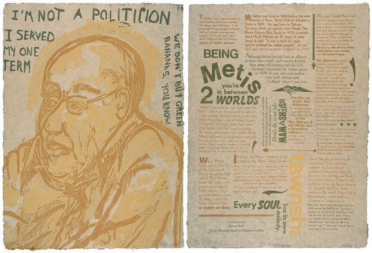 A color print of a two-page spread: on the left, an Indigenous man in glasses in orange and yellow surrounded by green text; on the right, several blocks of text in varying sizes in green, orange, and yellow.