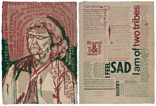 A color print of a two-page spread: on the left, an Indigenous woman with curly hair and glasses in red and black surrounded by red text; on the right, several blocks of text in varying sizes in red and black.