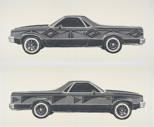 A black-and-white print of two El Camino-like cars, shown from the sides, with Native American designs on the doors and fenders.