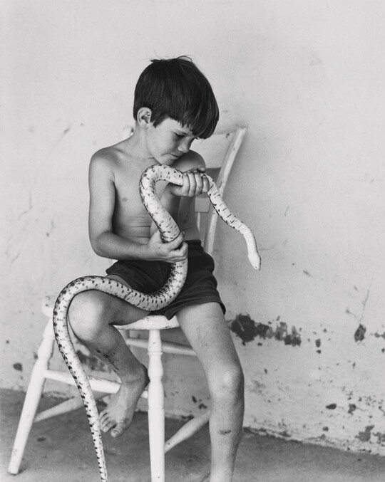 A black-and-white photograph of a shirtless young White boy sitting on a wooden chair holding a large snake.