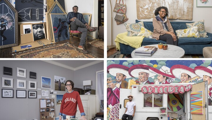 Four photographs of the 2020 Carter Community Artists in their studios.