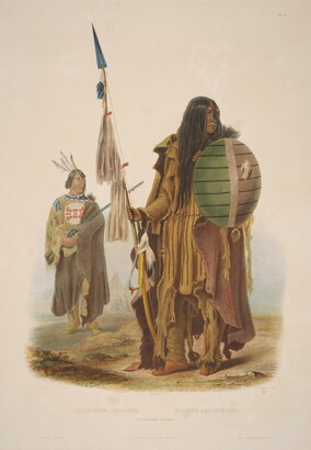 A color print of two Native American people: the one in the foreground has a painted face, is wearing animal skin blankets, holding a spear in one hand and a shield in the other.