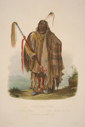 A color print of an Indigenous man with a single feather in his dark hair, wearing an animal skin tunic and a blanket draped over one shoulder, cradling a long pipe in one arm.