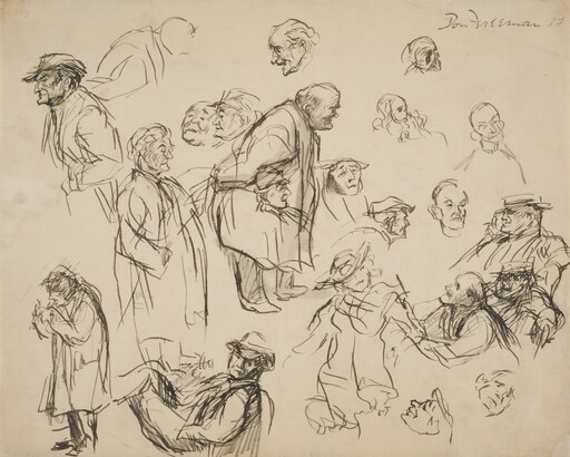 Black-and-white pencil sketches of human figures and heads, some overlapping, in various positions filling the entire sheet of paper.
