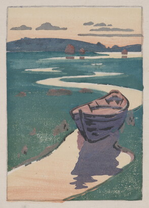 A color landscape print of an empty boat on a narrow, meandering stream under a pink and orange sky.