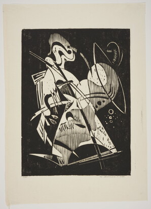 An abstract black-and-white print of curved shapes, diagonal lines, and shaded forms.