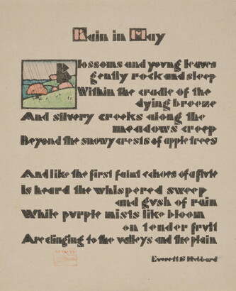 A color print of a poem printed in blocky, brown text with a small illustration of a rainy landscape in the upper left corner.