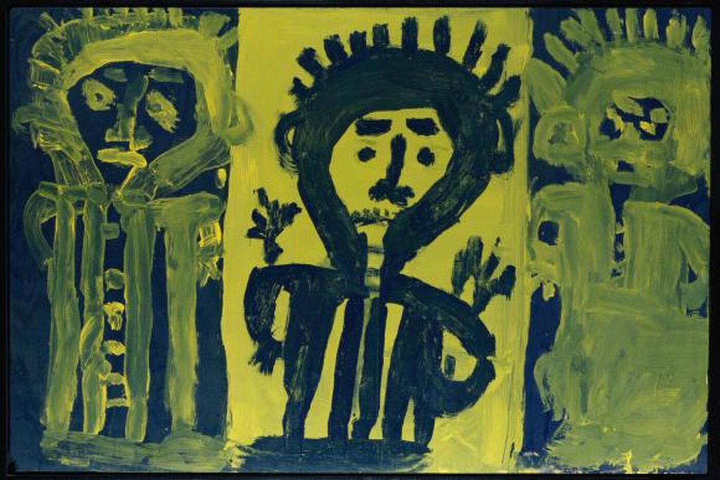 A painting in a child-like style with three figures (L-R): A human figure in yellow on black, a human figure in black on yellow, and another human figure in yellow on black.