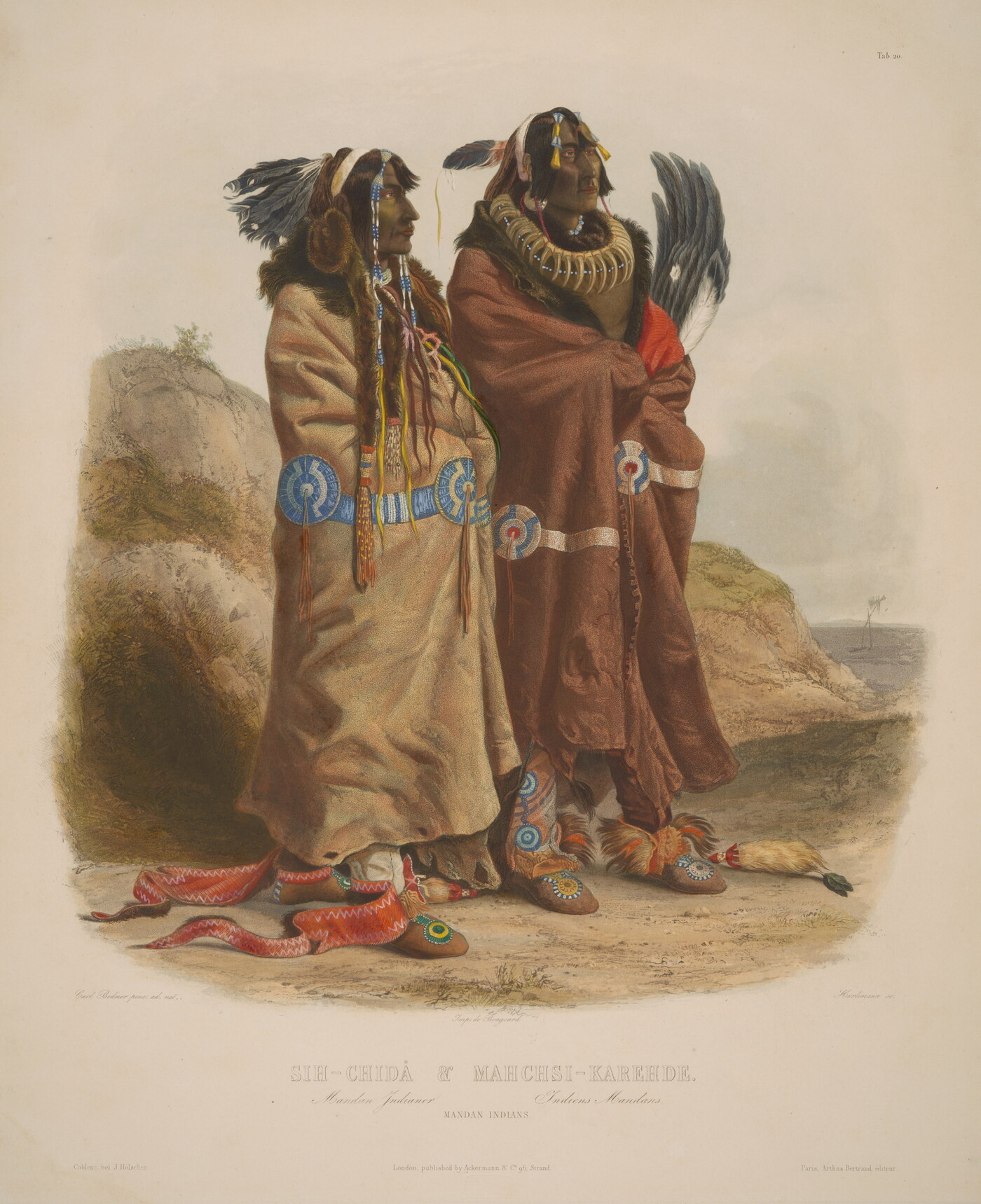 A color print of two Native American people standing side-by-side, both wearing feathered headdresses, necklaces, and wrapped in blankets.