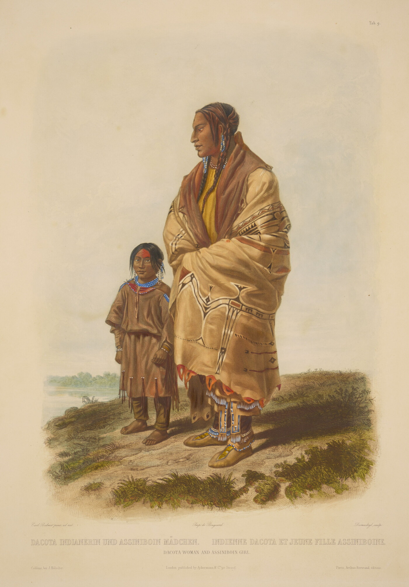 A color print of an Indigenous woman wrapped in a decorated blanket accompanied by a young Indigenous girl wearing a tunic.