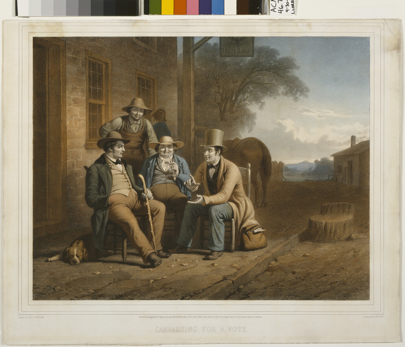 A color print of four men sitting in front of a hotel listening to a man who is talking and gesturing.