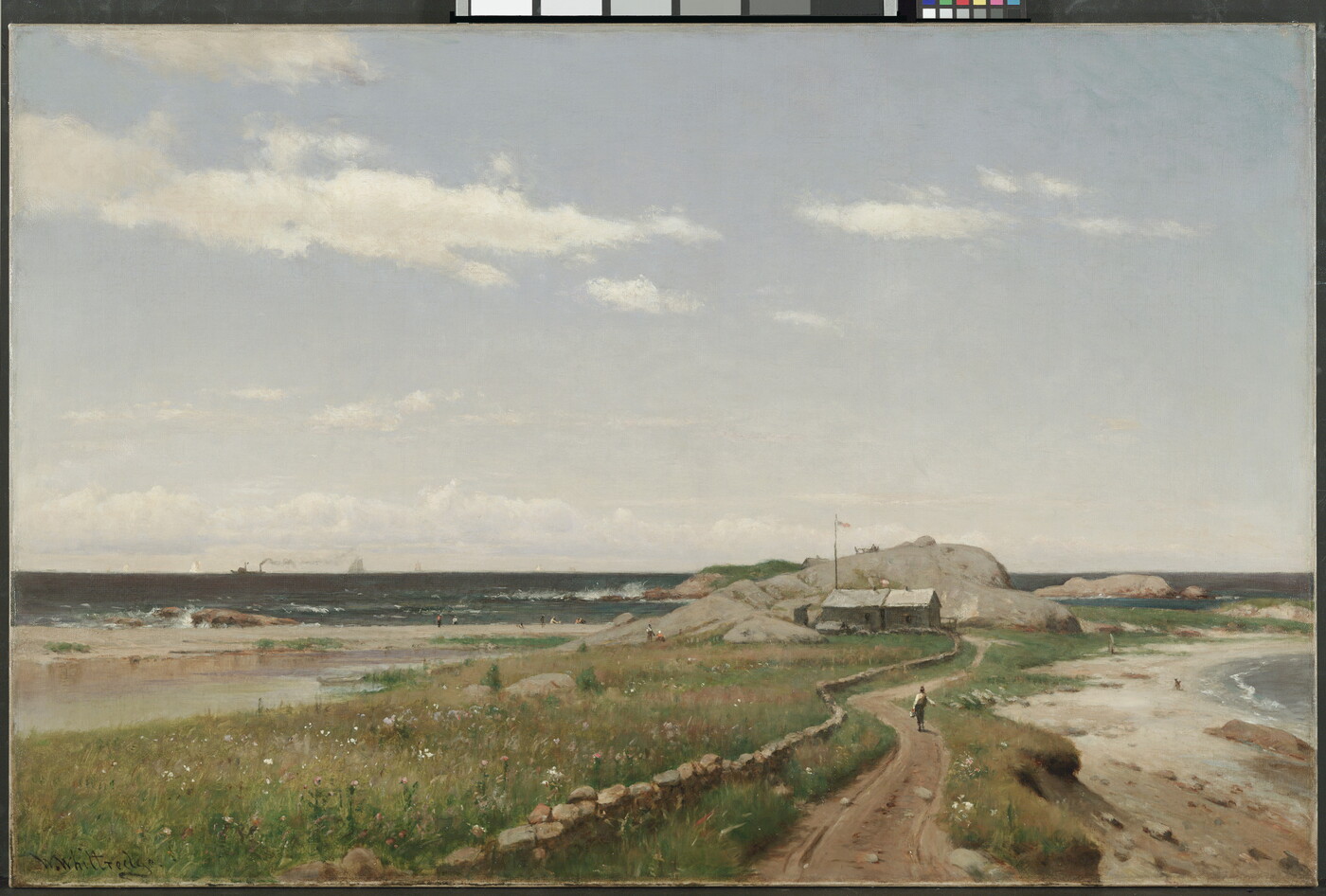 An oil painting of a seashore with person walking on a dirt road toward a house in the distance under a blue sky dotted with clouds.