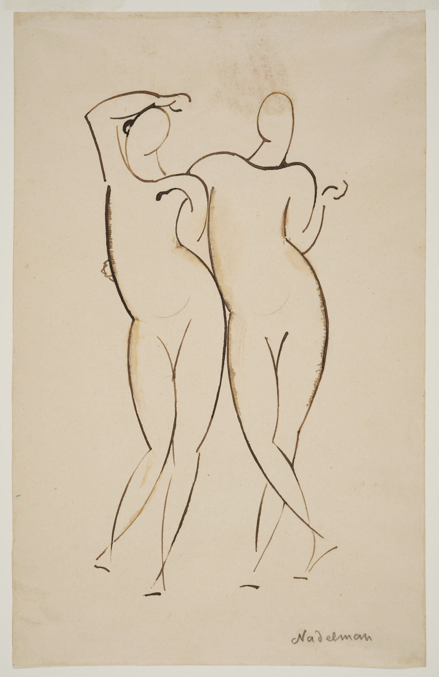 A black-and-white line drawing of two nude figures standing with their arms entwined.