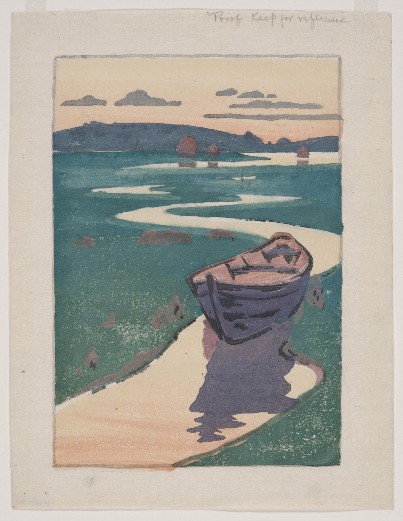 A color landscape print of an empty boat on a narrow, meandering stream under a pink and orange sky.