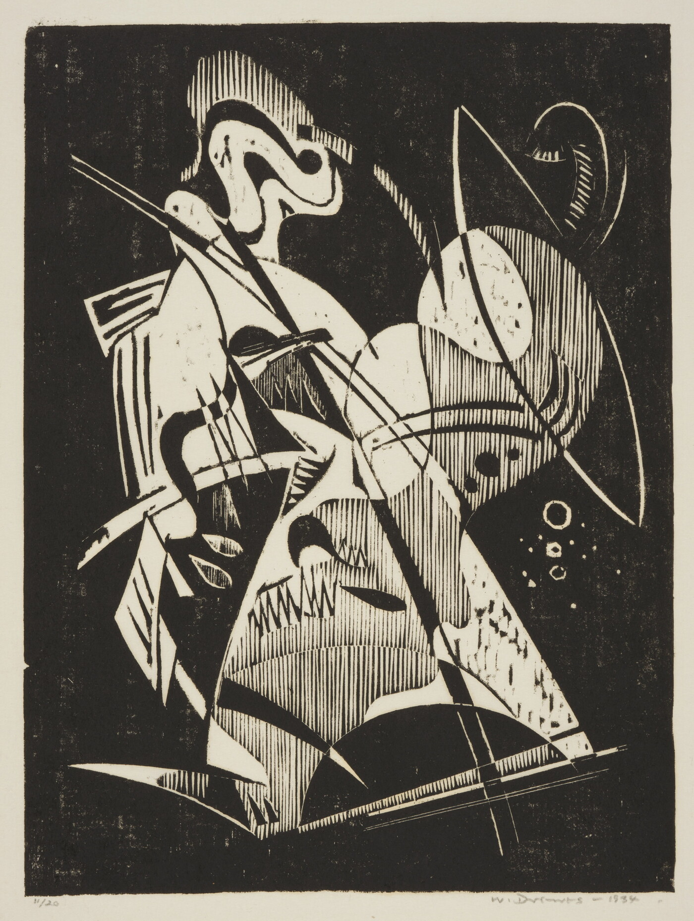 An abstract black-and-white print of curved shapes, diagonal lines, and shaded forms.