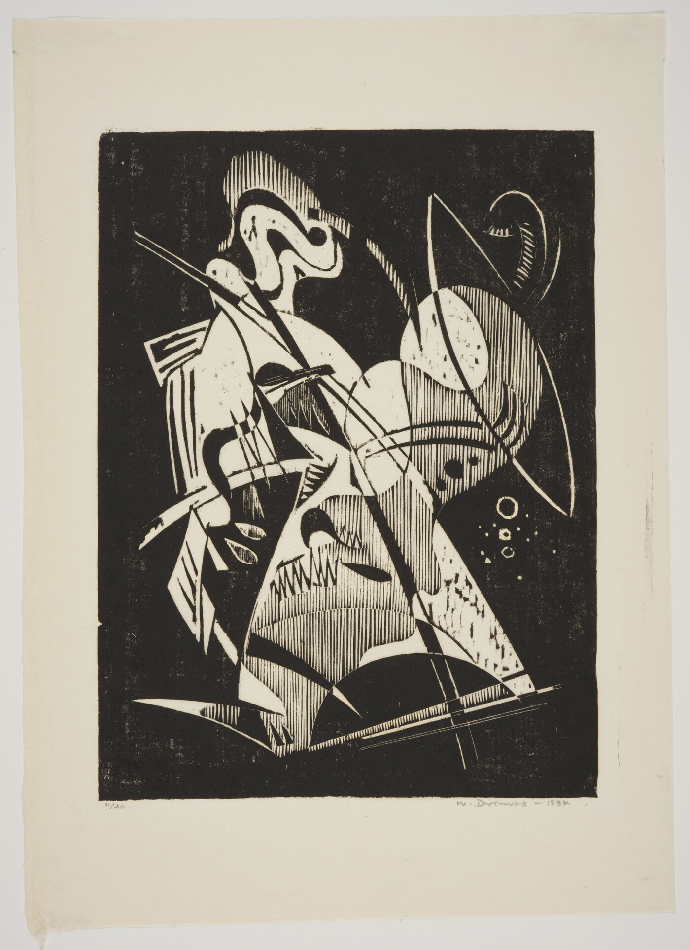 An abstract black-and-white print of curved shapes, diagonal lines, and shaded forms.