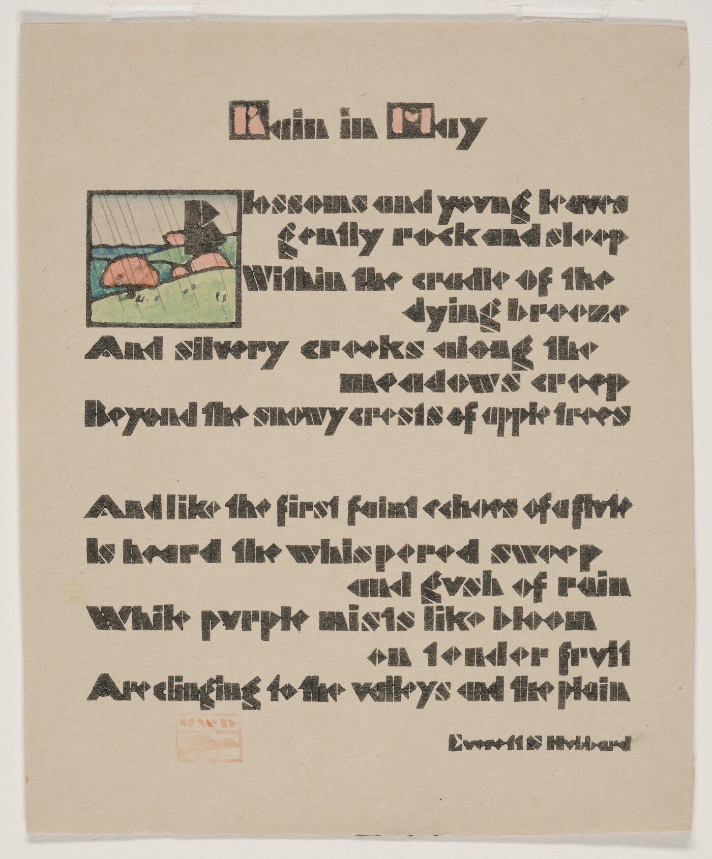 A color print of a poem printed in blocky, brown text with a small illustration of a rainy landscape in the upper left corner.