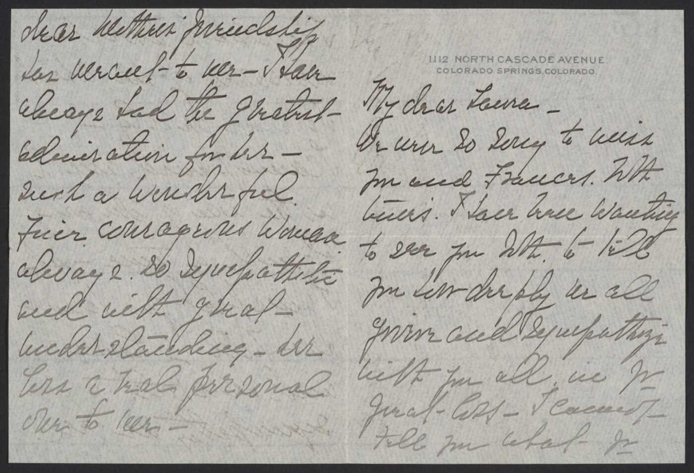 [Illegible] Gardener, Colorado Springs, Colorado, to Laura Gilpin. n.d