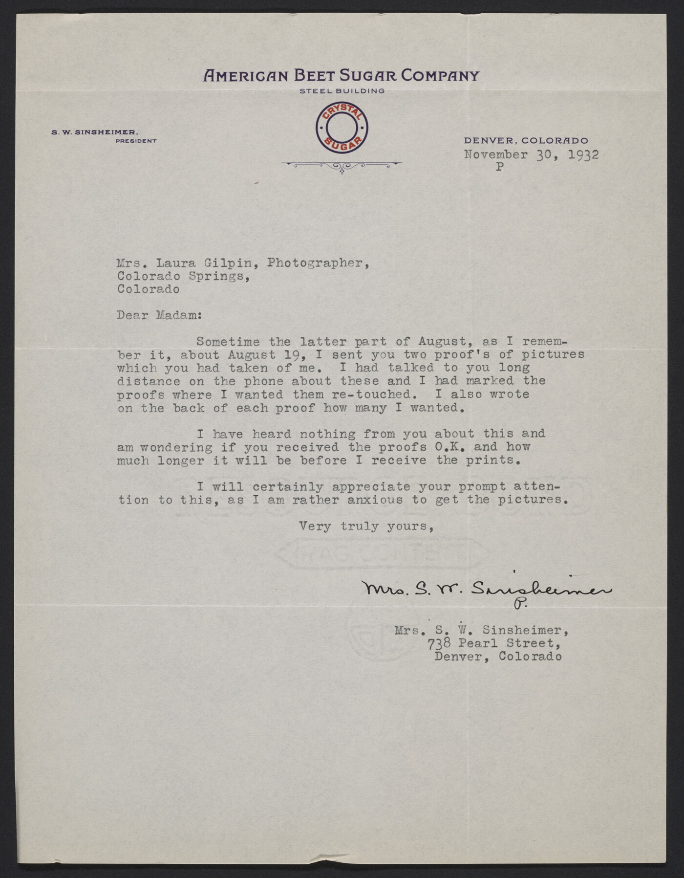 Mrs. S. W. Sinsheimer, American Beet Sugar Company, Denver, Colorado