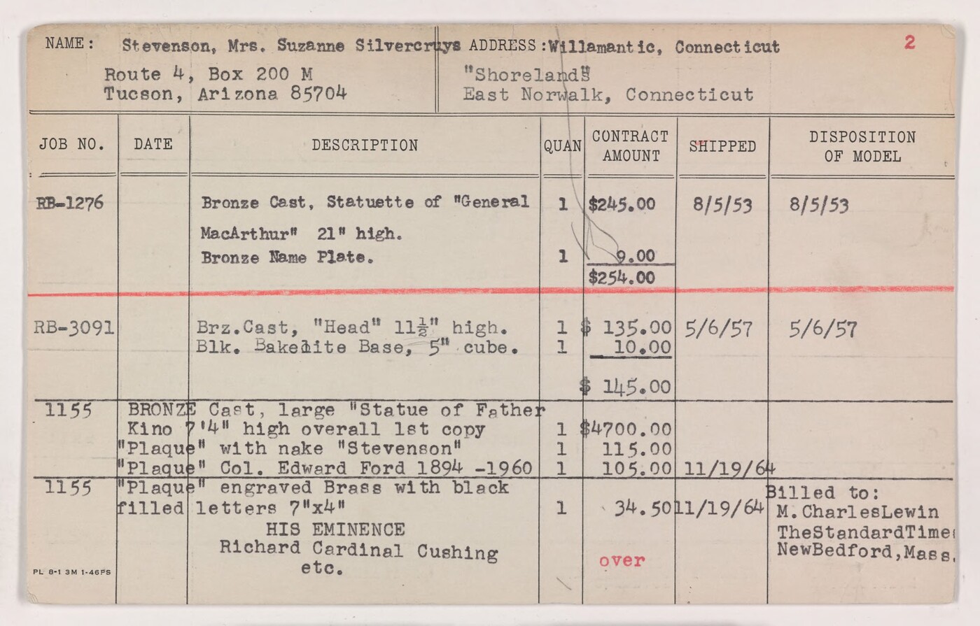 Client Card [Stevenson, Suzanne Silvercruys, Tucson, AZ; Lewin, Charles