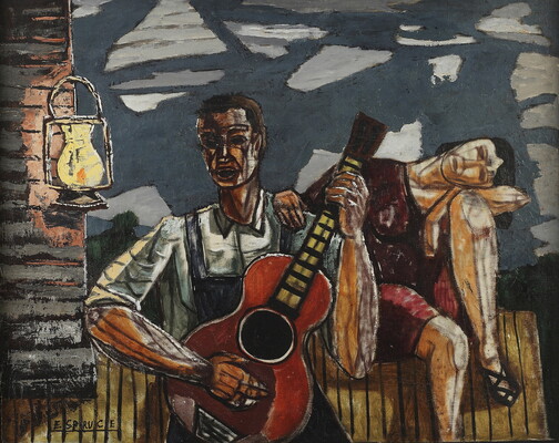 A dark-skinned man plays a guitar outside a wood house; a lit lantern hangs from the house; a seated woman with light skin rests her head on her left knee