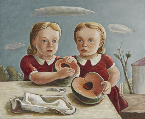 twin girls with melon on a table outside