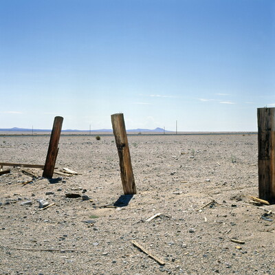 A color photograph of wood pylons sticking up out of the dirt and sand in a desert landscape.