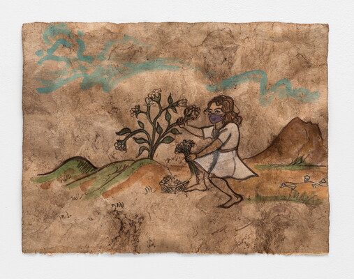 A watercolor painting of a woman wearing a face covering and a white dress collecting flowers in a desert landscape.