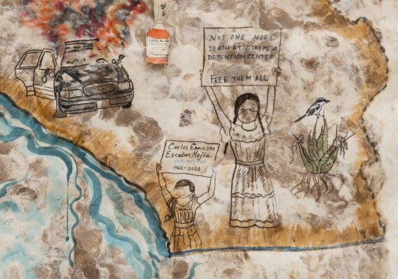 A watercolor painting of a map showing southern California and two girls holding up signs beneath a burning police car.