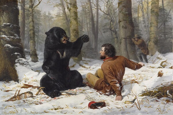 An oil painting of a snarling bear sitting on the snowy ground about to attack a White hunter dressed in deerskins, also on the ground, as another hunter behind a tree aims his rifle.