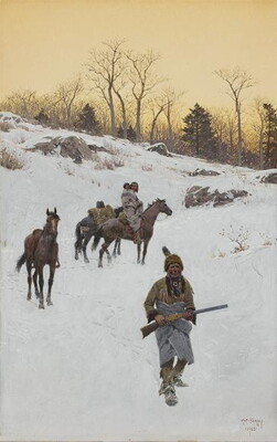 A watercolor painting of an Indigenous family and their horses on a snowy hillside.