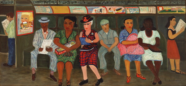 A colorful, horizontally-oriented oil painting of a diverse group of people seated on a train.