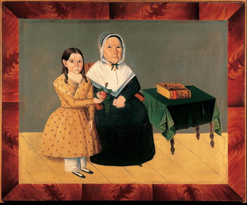 An oil painting of stylized White people: a girl with dark curly hair wearing a yellow dress holding a pink rose toward a seated older woman in a black dress with a white collar and bonnet.