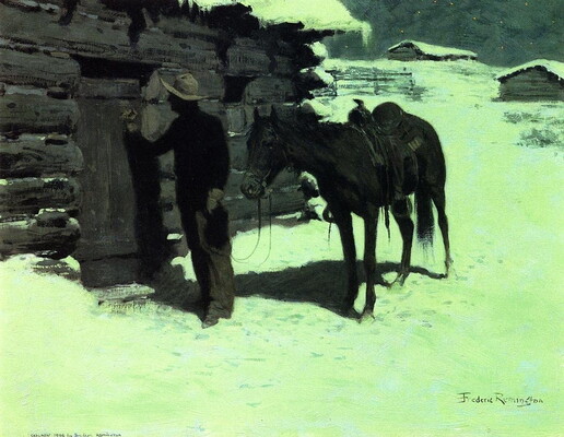 An oil painting of a cowboy, his horse beside him, knocking on the door of a log cabin nestled in the snow.