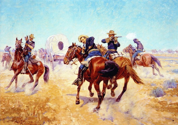 An oil painting of a group of White men on horseback shooting revolvers toward the viewer to defend a covered wagon that is ahead of them.
