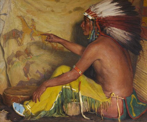 An oil painting of a seated Indigenous man in a feathered headdress and yellow leggings pointing to drawings of horses and bison on an animal hide.