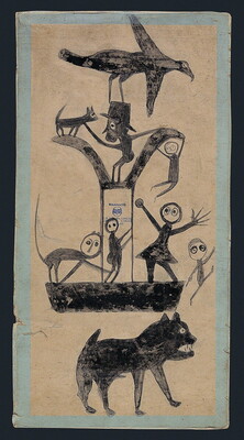A child-like drawing in black of (top-bottom) a large bird, a man in a top hat with a cat on one side and a person on the other, two human figures and an animal figure with a human face, and a large animal bearing its teeth.
