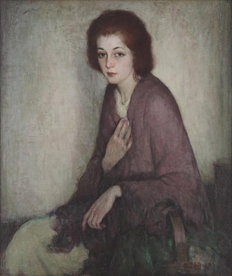 An oil painting of a seated young White woman holding a purple shawl closed at her neck and leaning on what looks like a wicker basket.
